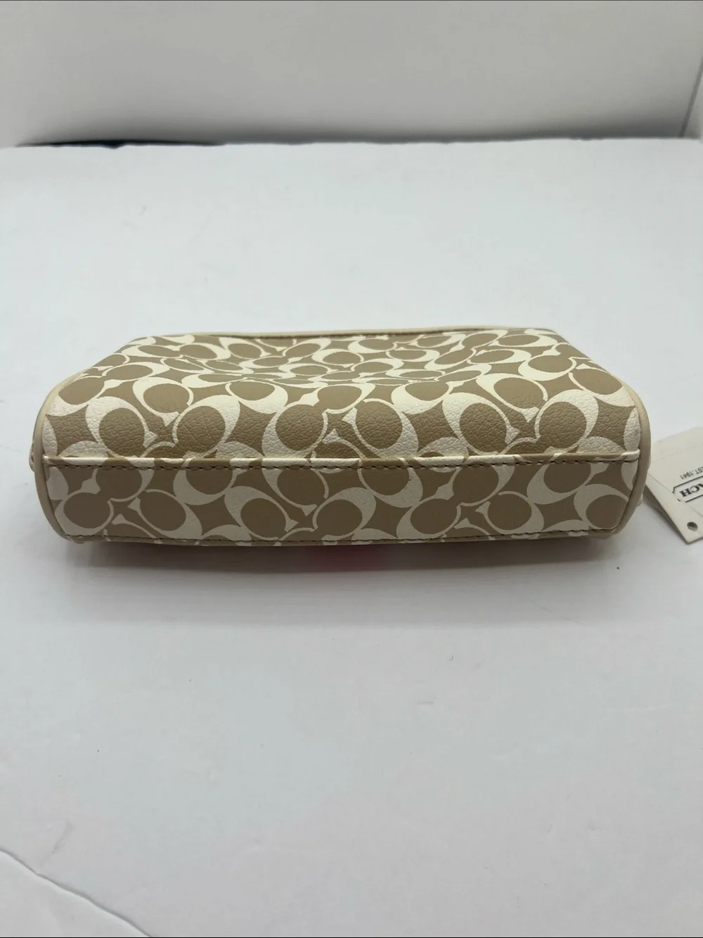 Coach Beige Signature Cosmetic Case with Pink Center Stripe